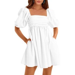 Square Neck Puff Sleeve Mini Dress - White